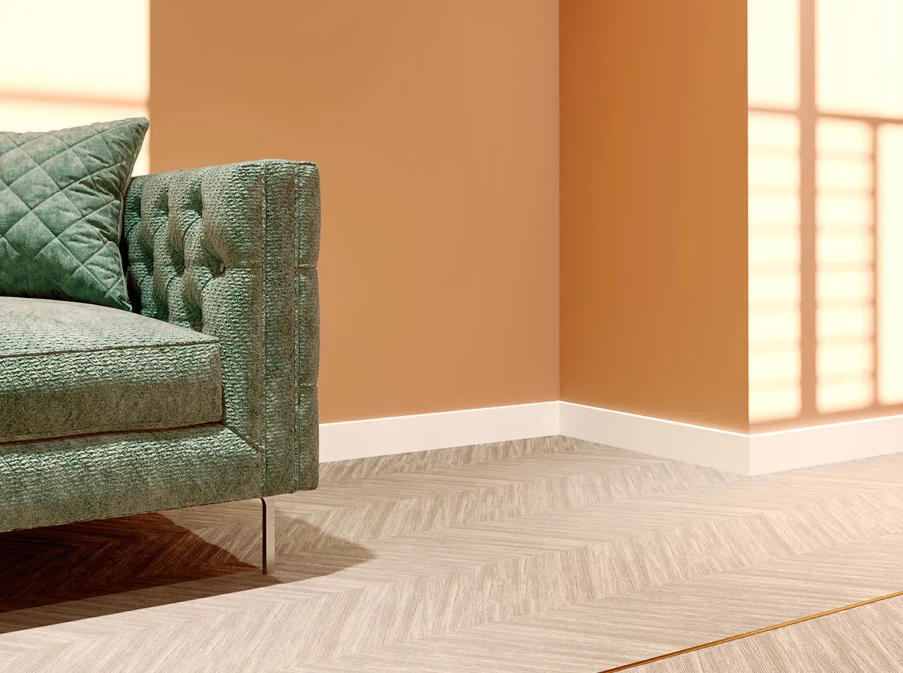 Application of Baseboard profile model UPSOLU UP102 in polystyrene, non-deforming, paintable, moisture-resistant, for Floor or Wall, with adhesive.